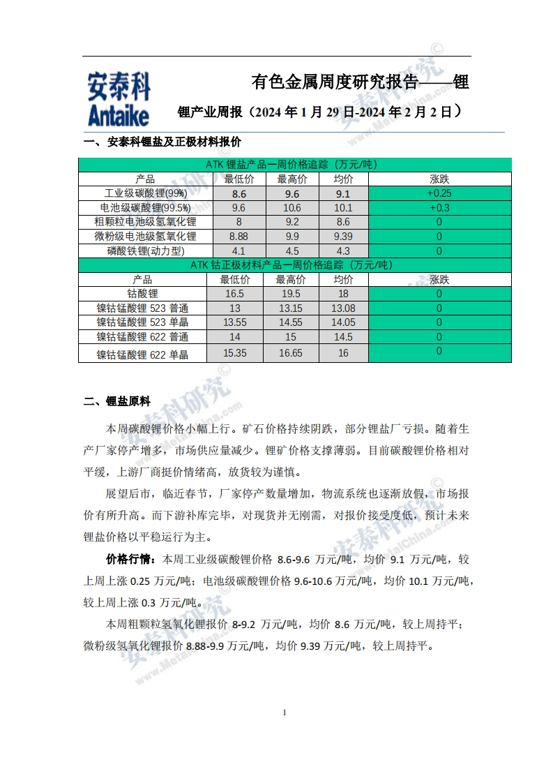 锂产业周报（2024年1月29日-2024年2月2日）-逍遥文库